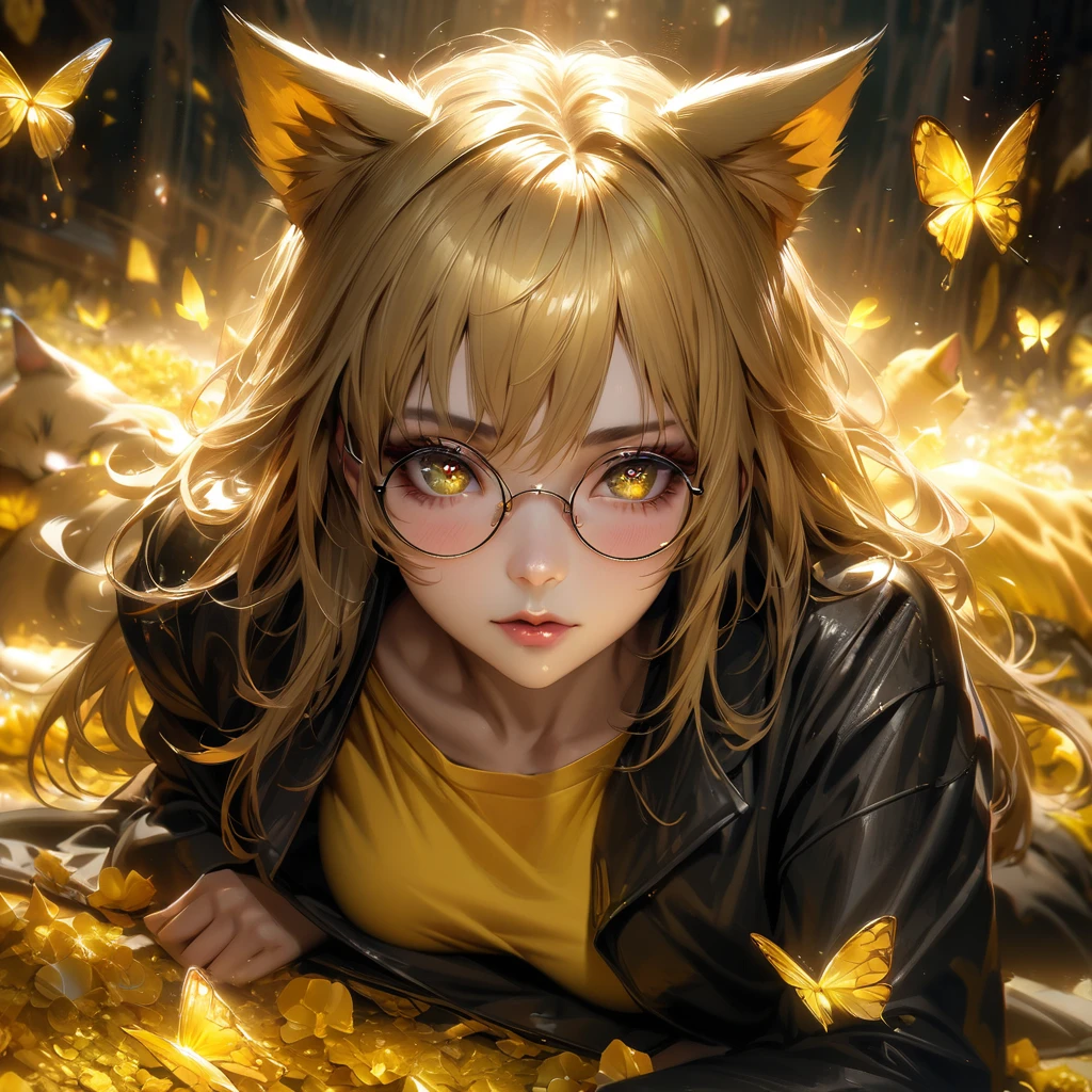 Extremely detailed, high resolution, absurd, HDR, masterpiece, Fushiguro Megumi, black and yellow Hair, Expressive yellow eyes, Jiu Jitsu Kaiba, Black long coat, yellow Ice flowers, petal, Very beautiful, Sexy girl, Solitary, Extremely detailed eyes and face, yellow Ice, yellow Ice sparkling butterflies, yellow T-shirt, Realistic face, sparkling, sparkling eyes, yellow cat, long with yellow and black highlights hair,wear round glasses, A pair of cat ears on the head