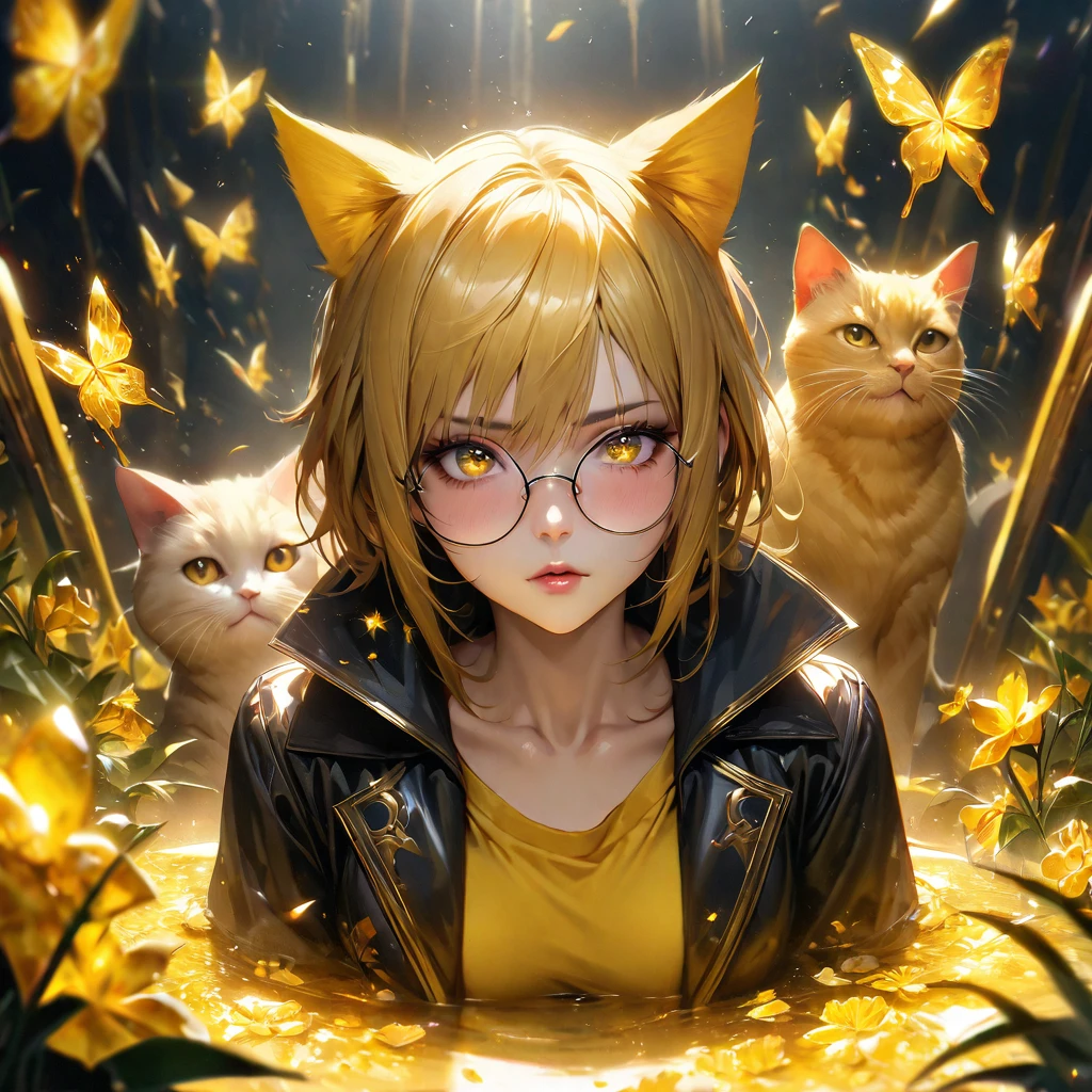 Extremely detailed, high resolution, absurd, HDR, masterpiece, Fushiguro Megumi, black and yellow Hair, Expressive yellow eyes, Jiu Jitsu Kaiba, Black long coat, yellow Ice flowers, petal, Very beautiful, Sexy girl, Solitary, Extremely detailed eyes and face, yellow Ice, yellow Ice sparkling butterflies, yellow T-shirt, Realistic face, sparkling, sparkling eyes, yellow cat,  long with yellow and black highlights hair，wear round glasses, A pair of cat ears on the head