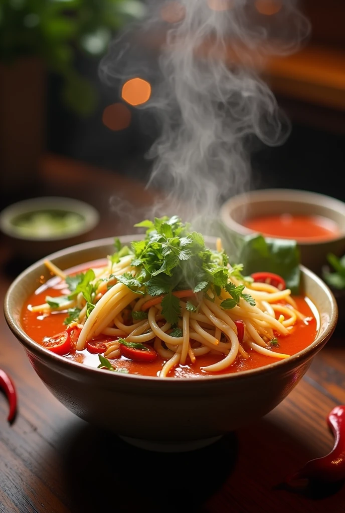 Spicy and sour noodle soup with vegetables