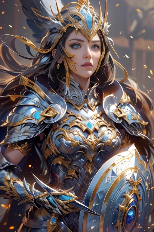 Full body of an armored goddess standing in the wilderness with a sword,((Highest quality)),(Ultra-high resolution),(Very detailed),(Detailed Description),((The best CG)),(A masterpiece of art),Ultra-detailed art,Amazing painting art,(精密なディテールを備えたFantasy art:1.5), Beautiful and well-proportioned face:1.6,Cleavage:1.6,Armor with great attention to detail:1.6,Intricate and fine decoration:1.7, Crystal Sparkle:1.6,((masterpiece, Highest quality, Very detailedCG, unity 8k wallpaper )),Official Art,Very detailed,(Fractal Art:1.3),Most detailed, Fantasy art, 8K high quality, detailed art,Goddess Athena,Valkyrie,Perfect Face,Silver armor,Helmet with a visible face,Sunset wasteland,Mythological battle