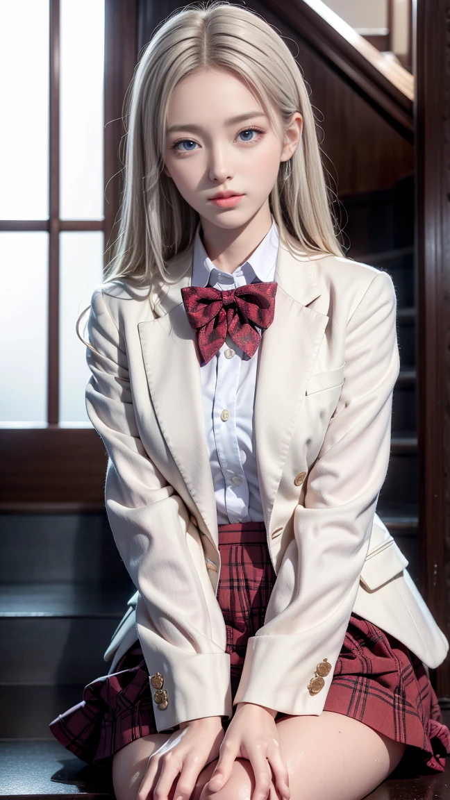 最高品質のwork,actual work,Ultra Premium Graphics,8K HD CG Operation,High quality graphics,고화질 CG work,10x pixels,Extremely fine detail:1.1,Advanced Technical Details:1.1 Real,(Girl sitting cross-legged on stairs)Natural light:1.5. Lighting Effects(virtual Lighting Effects:1.8),Wet長いSilver Hair,Silver Hair,Transparent Hair,Hair with attention to detail(Premium Hair Detail:1.1)Clear Eyes,The double eyelids are beautiful,Sharp eye makeup, Delicate eyelash makeup, Thin eyebrows, Very fine grain,High nose, I like red lips, Rose Cheek, A face with subtle makeup , Cute Face, Perfectly balanced face,(Advanced Face Detail:1.1),The Shining,very coolドレス,Bright Red Series,((Front open wet white blazer)) 、(透け感のあるWet白いブラウス)、(Red bow tie)、(Wet Check Skirt)、、 、photo shoot,woman'work,Full body portrait,realism,very cool,My eyes are shining today too、(8. she'that'Wet)),(Sudden rain、Wind),(Windでスカートが舞い上がる),(I can see your pants)、