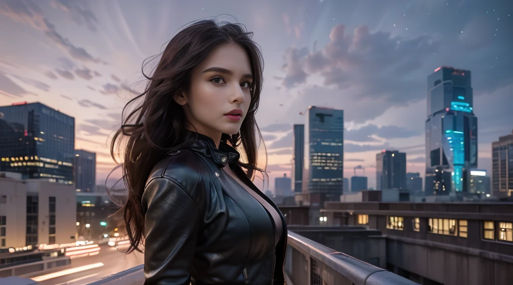 ((masterpiece, best quality, Highest image quality, high resolution, Reality, RAW photos, 8K)), Bustling future city night scene，Girl standing on the roof，Tight leather jacket，Off-shoulder，Large Breasts，Long hair，Pretty face，Closed mouth，dramatic，Upper Body，（midnight）