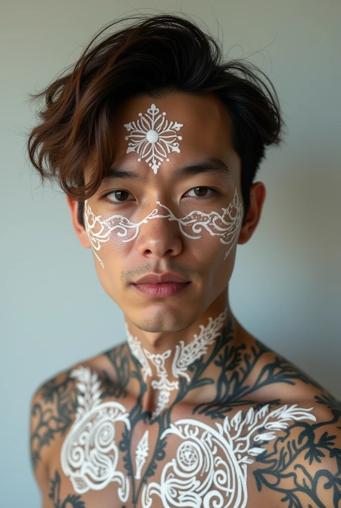 White tattooed man with Chinese features and brown hair
