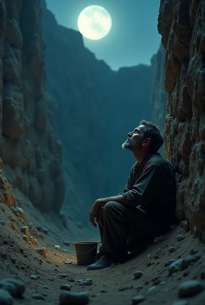 man at the bottom of a stone pit, dry ground sitting against the wall, broken rope and bucket lying on the ground, looking up at the night sky, moonlight falling on his face,