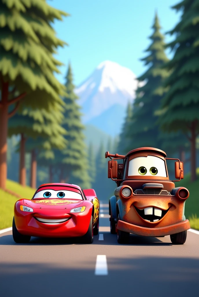 "Two animated cars, one a sleek red sports car with a shiny surface and big, expressive eyes, smiling confidently, and the other a rusty, old tow truck with a warm, friendly grin, drive side by side on a scenic, sunlit road. The red car's metallic surface reflects the soft sunlight, creating a polished look, while the tow truck's rusted metal contrasts with its cheerful demeanor. Surrounding them are tall pine trees with rich, dark green foliage, their shadows dancing on the road. The road is smooth and slightly curving, leading into the distance. The tow truck's eyes are slightly squinted in a joyful expression, showing camaraderie as they drive together. The clear blue sky above enhances the vibrant colors of the scene, and the overall mood is one of friendship and adventure. The camera angle is slightly low, emphasizing the size and presence of the characters, capturing their expressions and the dynamic between them in the beautiful forest setting."
