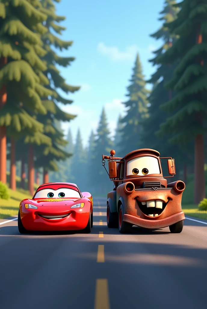 "Two animated cars, one a sleek red sports car with a shiny surface and big, expressive eyes, smiling confidently, and the other a rusty, old tow truck with a warm, friendly grin, drive side by side on a scenic, sunlit road. The red car's metallic surface reflects the soft sunlight, creating a polished look, while the tow truck's rusted metal contrasts with its cheerful demeanor. Surrounding them are tall pine trees with rich, dark green foliage, their shadows dancing on the road. The road is smooth and slightly curving, leading into the distance. The tow truck's eyes are slightly squinted in a joyful expression, showing camaraderie as they drive together. The clear blue sky above enhances the vibrant colors of the scene, and the overall mood is one of friendship and adventure. The camera angle is slightly low, emphasizing the size and presence of the characters, capturing their expressions and the dynamic between them in the beautiful forest setting."