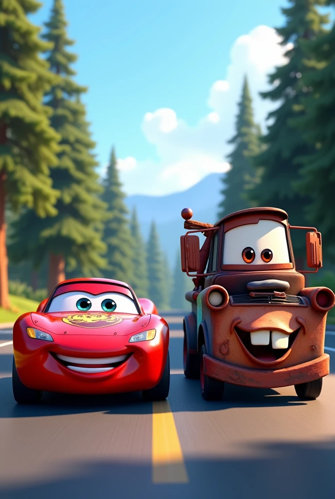 "Two animated cars, one a sleek red sports car with a shiny surface and big, expressive eyes, smiling confidently, and the other a rusty, old tow truck with a warm, friendly grin, drive side by side on a scenic, sunlit road. The red car's metallic surface reflects the soft sunlight, creating a polished look, while the tow truck's rusted metal contrasts with its cheerful demeanor. Surrounding them are tall pine trees with rich, dark green foliage, their shadows dancing on the road. The road is smooth and slightly curving, leading into the distance. The tow truck's eyes are slightly squinted in a joyful expression, showing camaraderie as they drive together. The clear blue sky above enhances the vibrant colors of the scene, and the overall mood is one of friendship and adventure. The camera angle is slightly low, emphasizing the size and presence of the characters, capturing their expressions and the dynamic between them in the beautiful forest setting."