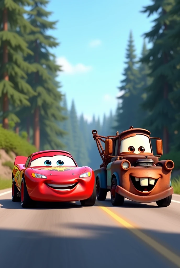 "Two animated cars, one a sleek red sports car with a shiny surface and big, expressive eyes, smiling confidently, and the other a rusty, old tow truck with a warm, friendly grin, drive side by side on a scenic, sunlit road. The red car's metallic surface reflects the soft sunlight, creating a polished look, while the tow truck's rusted metal contrasts with its cheerful demeanor. Surrounding them are tall pine trees with rich, dark green foliage, their shadows dancing on the road. The road is smooth and slightly curving, leading into the distance. The tow truck's eyes are slightly squinted in a joyful expression, showing camaraderie as they drive together. The clear blue sky above enhances the vibrant colors of the scene, and the overall mood is one of friendship and adventure. The camera angle is slightly low, emphasizing the size and presence of the characters, capturing their expressions and the dynamic between them in the beautiful forest setting."