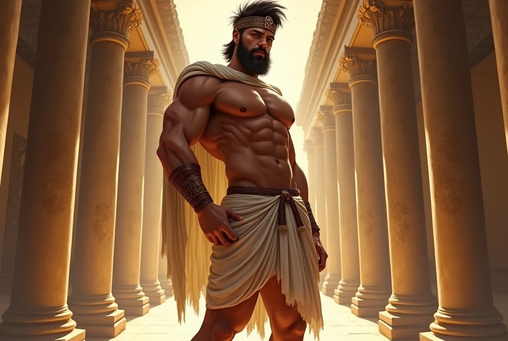 An ancient greek man, Chico, greek god, muscular, Graced, man de 30 años con poderosa presencia, greek headdress, ((wearing detailed greek tunics)), standing inside the greek temple, Intricate, elegant, Very detailed, masterpiece, extremely detailed, detailed background, Whole body, Best Quality, ancient greek architecture, Ancient Greece, eyes, man, (((newly dressed))), bare chest, (((body hair+++))), one arm up, low waist thong, big bulging crotch, male face, illuminated by golden sunlight, seductive look, sexy, curtains hanging from the ceiling, NSFW
