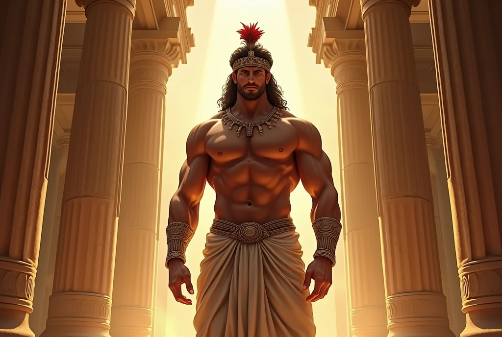 An ancient greek man, Chico, greek god, muscular, Graced, man de 30 años con poderosa presencia, greek headdress, ((wearing detailed greek tunics)), standing inside the greek temple, Intricate, elegant, Very detailed, masterpiece, extremely detailed, detailed background, Whole body, Best Quality, ancient greek architecture, Ancient Greece, eyes, man, (((newly dressed))), bare chest, (((body hair+++))), one arm up, low waist thong, big bulging crotch, male face, illuminated by golden sunlight, seductive look, sexy, curtains hanging from the ceiling, NSFW