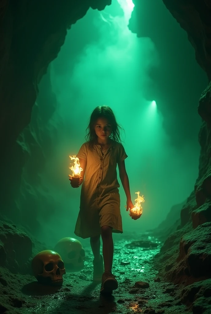 (RAW photo, realistic photo, high quality, masterpiece), girl is hilding a torches and walking in the cave, in Mysterious Fog, dangerous, skull on the ground, green fluids on ground