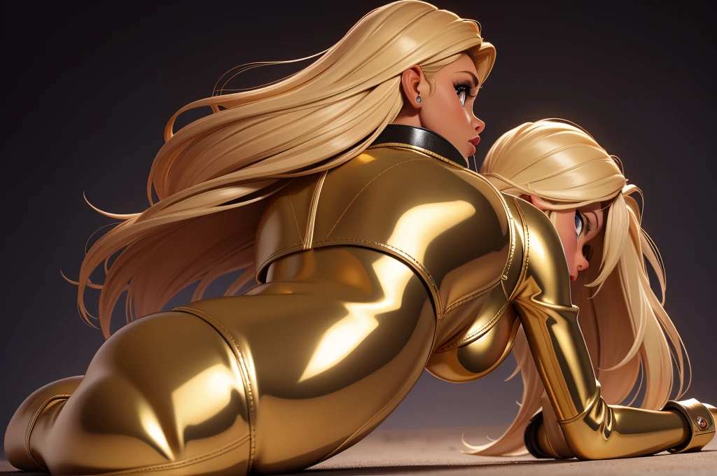obra prima, melhor qualidade, ((only one woman,)) ((angie dickinson, dark tan skin, blonde bob hair, thick glossy lips,)) erect cone tits, ((wearing shiny gold leather biker moto jacket,)) ((jacket has padded shoulders, jacket has stiff high collar,)) (((wearing shiny gold leather pants,))) body is very skinny, ((laying down, resting on one hip,)) ((camera back of body view,)) shallow depth of field, highres, HD, 8k, anatomically correct