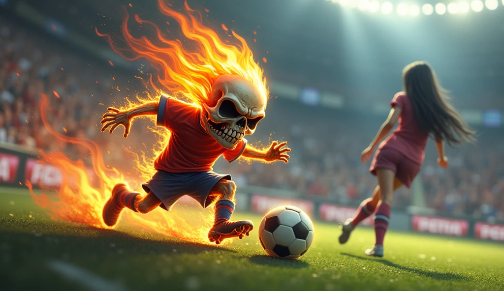 A captivating illustration of a small, angry flaming skull of short stature, showcasing exceptional speed as it plays soccer. The skull,adorned with a tiny jersey and soccer cleats, is on fire, leaving a trail of smoke behind. The background reveals a soccer field,The crowd cheers in the stands, as the skull skillfully navigates through the field. In the background is a very sexy girl, dark fantasy