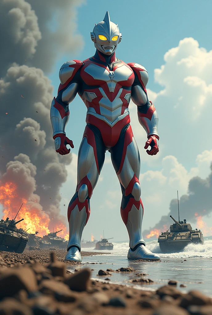 a large ultraman taro in water fighting and kicking a huge army on a battlefield, detailed war scene with soldiers, tanks, aircraft, explosions, sea, beach, tilt-shift photography style, 1940s world war 2 setting, hyperdetailed, cinematic, masterpiece, best quality, 8k, hyper realistic, volumetric lighting, dramatic lighting, vibrant colors, highly detailed, intricate details, subtle film grain, seamless composition