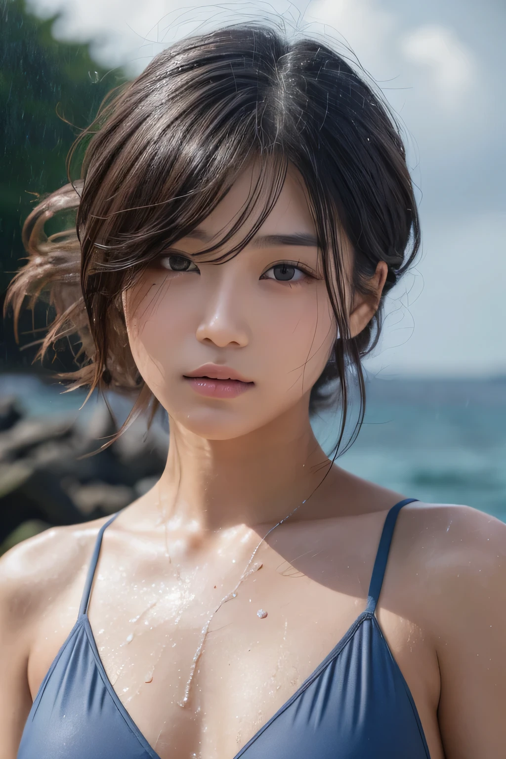 Hair blowing in the wind、Wet Skin、Wet Hair、Wet clothes、Torrential rain over the sea,A cute girl with a face like a Japanese idol,  (Cinema Lighting),(Natural light),(High level of artistry),(artistic),(Indistinguishable quality from the real thing),{{RAW Photos}},{{Genuine}},High resolution,masterpiece, beautiful, Handsome Tomboy, Looks like a salon model, Cool face, Neutral facial features, Swimwear, nsfw,