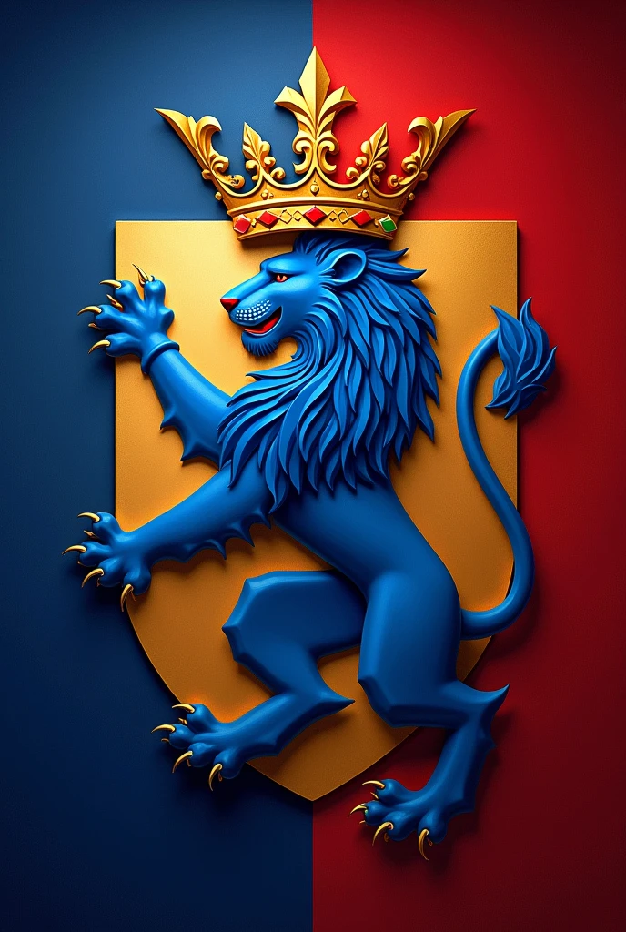 you have a national flag with: a lion in the center, a blue lion carrying a golden crown. and three horizontal rows, with the colors: purpura (at the bottom), beige (In the middle) and red (at the top).