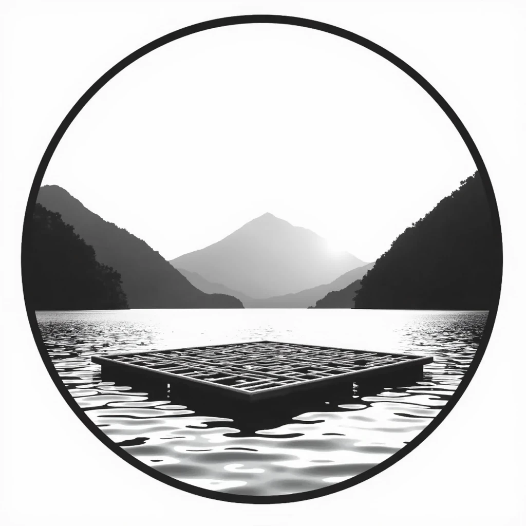 Logo ???? et blanc sans nuances de gris. Style pochoir épuré d une plateforme flottante sur le lac atitlan 