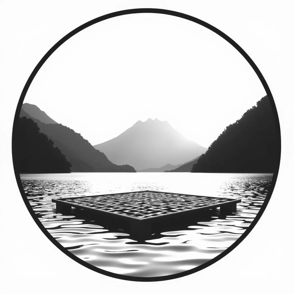 Logo noir et blanc sans nuances de gris. Style pochoir épuré d une plateforme flottante sur le lac atitlan