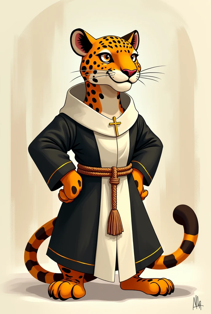 A 2d animated leopard with few lines, wearing a santarrosino costume of the Dominican order 