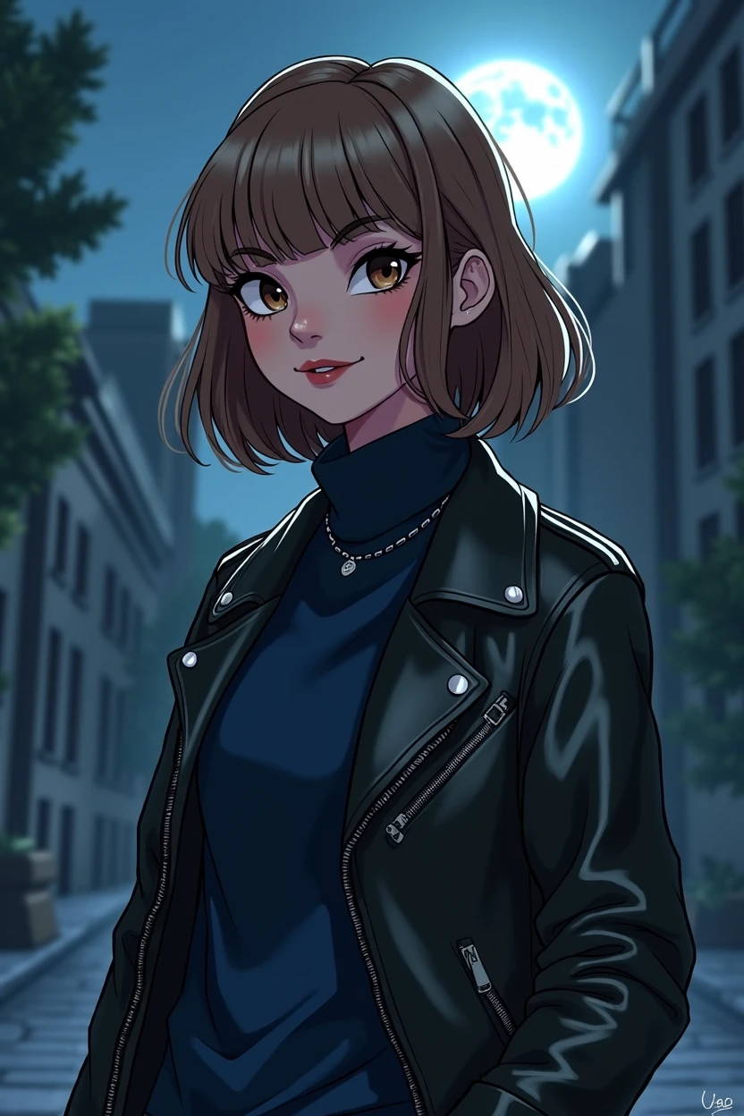Young Brazilian human fascinated by Greek mythology and supernatural creatures, deep connection with the dark forces of the night, A horror RPG, mystery and investigation set in modern times, the basic image, occultist, cabelo médio longo de bangss, bangss, light brown hair color, very fair skin, at night with the moon, wearing a navy blue long sleeve turtleneck shirt, leather jacket, outgoing, ARTe Realistic Cartoon, uncanny, Paranormal order Cellbit, rounded face, rpg paranormal order