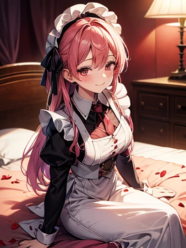 Blur the background、With a warm appearance、Wearing a maid outfit with a garçon look, Crimson tie、she sits by the bedside and smiles sweetly...、Wearing a mob cap、Tie your hair、Big ribbon on head、Colorful hair colors、Sparkly air、Dancing Petals、hot summer、amount