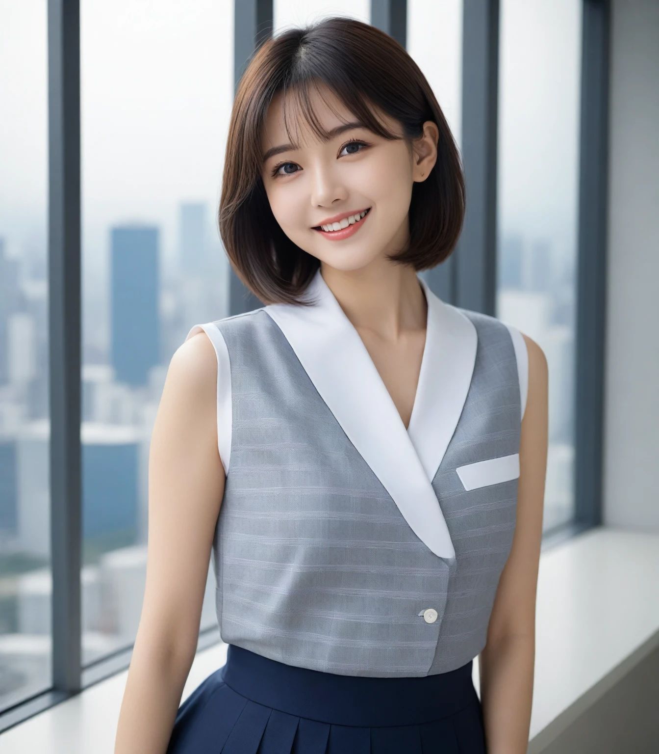8K, Ultra-high resolution, best quality, masterpiece, 三分割法によるphoto,Surrealism, photo, 1 girl,LD:1.3), pretty girl, Cute face, Beautiful eyes in every detail, 細かくdetailedに,masterpiece,, A girl:1.2, Japanese female announcer,whole body、Black Hair、Trimmed eyebrows、Cute lip makeup,1 Standing woman, office worker, (White and Grey Check Vest:1.2) (Navy blue pencil skirt) , (Modern office interior), City view from window, detailedな背景,Cute gestures、如此beauty,A carefree smile,Heal the mind,Bangs,Looking at the audience、beauty,Long Neck、Smile、Please close your mouth and smile、(((Ideal body shape))),A cup small breasts :2,、image:2、Perfect anatomical structure、鮮明なdetailed、detailed、Surrealism、Light and Shadow,glare