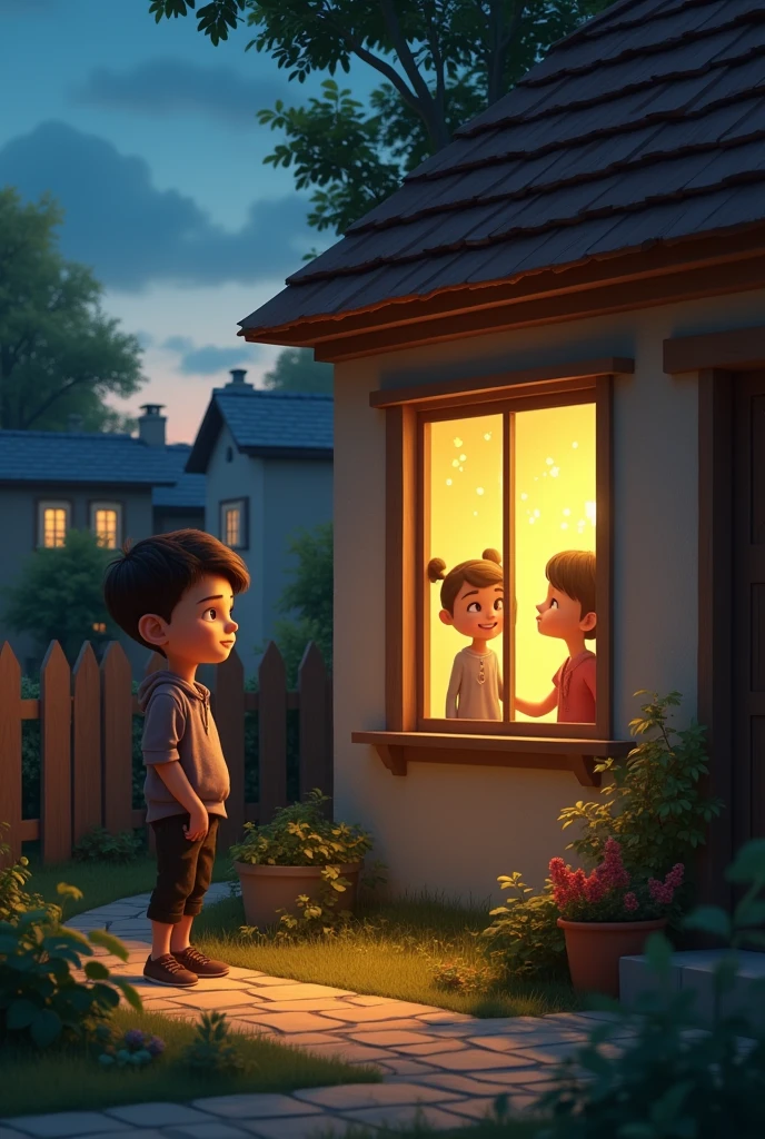 "**"A warm evening scene with the exterior of Max's small house in a peaceful town, showing a light shining from a window where Max and Lily are playing."**