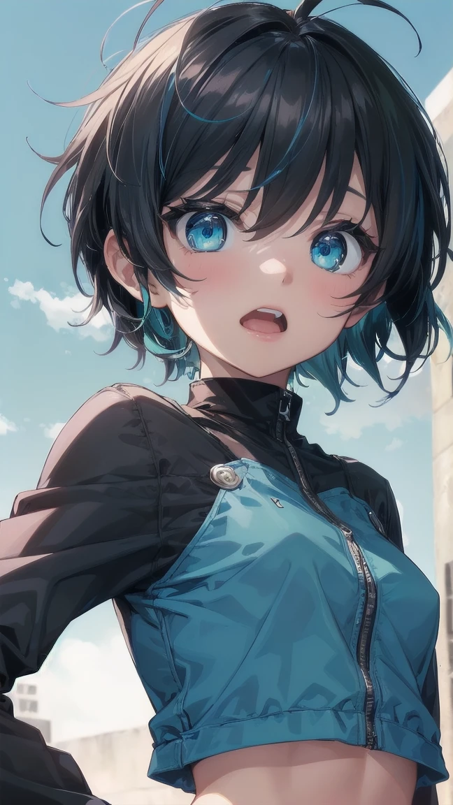 A close-up shot of a girl from a manga, with blue hair and a yellow shirt., 2D Animation, 2D Animation style, 2D Art, 2D Art, 2D from Gorillaz, 2D from Gorillaz, 2D Gorillaz, Screaming Cerket, 2D Sprite, Jinx Face, short hair, hot pants, Small breasts, ((Black Hair, Inner bright blue hair:1.4))