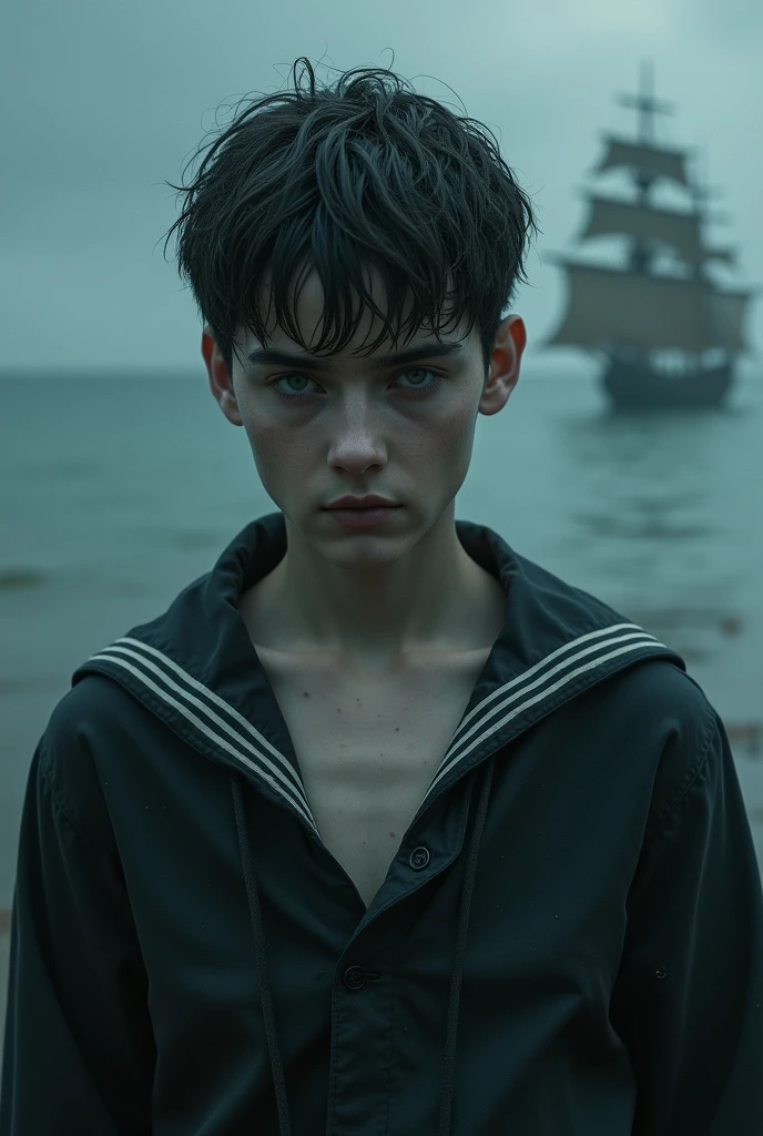 creates a spectral young sailor Mysterious and alluring in a disturbing way. His damp appearance and aura of secrecy can be intriguing and captivating.