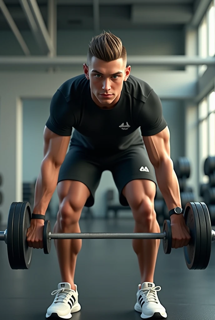 Make me a game-style image of a young man with green eyes, brown hair combed back, with a defined jawline using a black t-shirt, adidas shorts and adidas sneakers, lifting a 10kg dumbbell