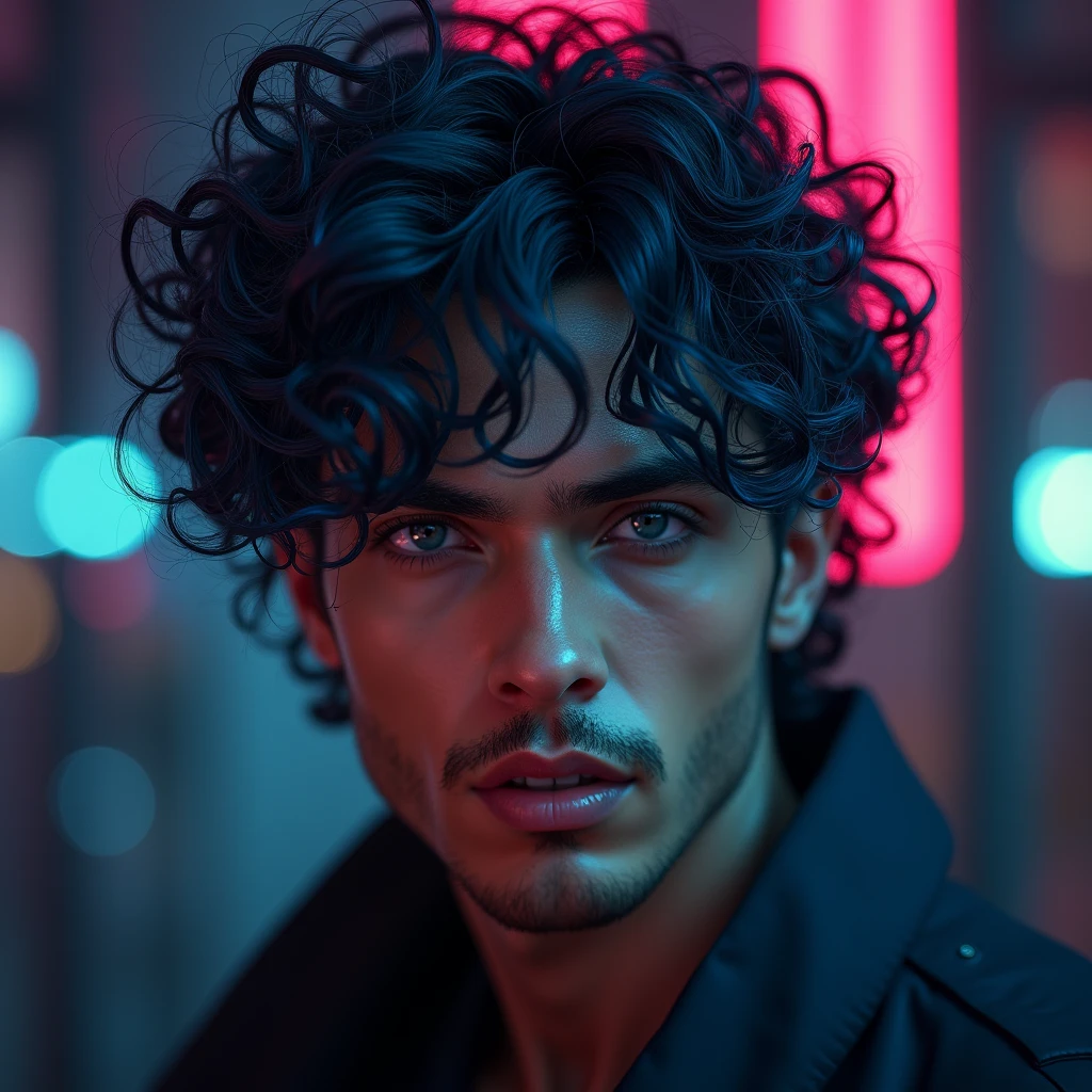 a man with curly (black hair with blue highlights), intricate hairstyle, detailed facial features, striking expression, cinematic lighting, dramatic shadows, vibrant colors, digital art, photorealistic, 8k, highly detailed, masterpiece