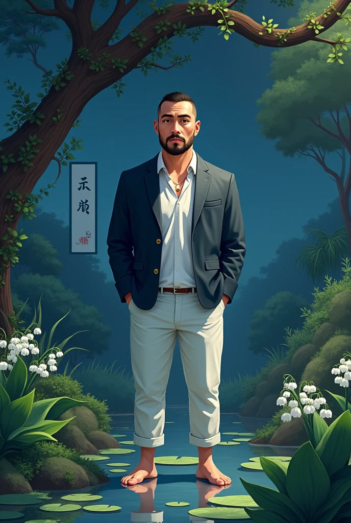 crew cut, (((full body))), mature man, 30 year, [slightly fat], asian man, brown eyes, rounded face, glasses, slightly balding, (medium shoulders), (((stubbles, Short beard))), (((full beard))), (Beautiful eyes:1.3), (Detailed face:1.3), cowboy shot, ((masterpiece,best quality)), 1 male, adult, handsom, 1guy, handsome man,  tanabata, branch, barefoot, night, lily_pad, tanzaku, vines, solo, outdoors, tree, very short black hair, flower, smile, ivy, green_eyes, pants, lily_of_the_valley, sky, looking_at_viewer, outdoor house, luxury casual clothes, ((masterpiece,best quality)), beautiful detailed eyes, beautiful detailed face, blazer, white shirt,casual white pants, real,128k