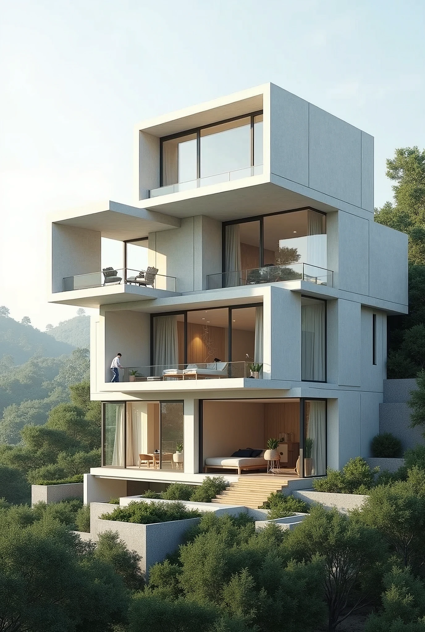 A cube-shaped house with 5 cube or rectangular spaces (primary and secondary) from different perspectives