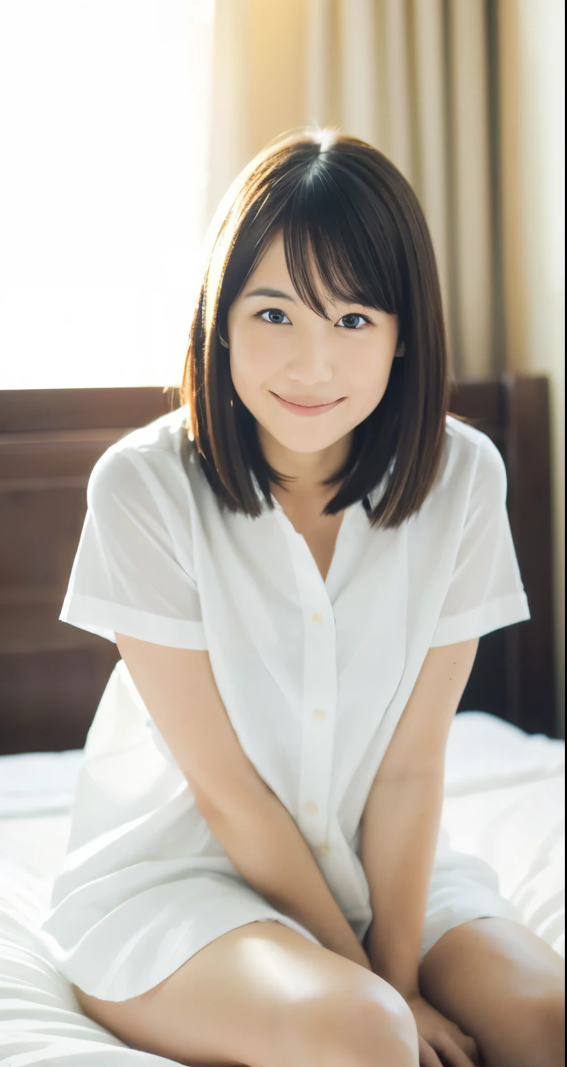 there is a woman sitting on a bed with a white shirt, chiho ashima, chiho, pretty face with arms and legs, sophisticated gravure idol, deayami kojima, young pretty gravure idol, sitting on the bed, kimi takemura, shiori teshirogi, sitting on a bed, young gravure idol