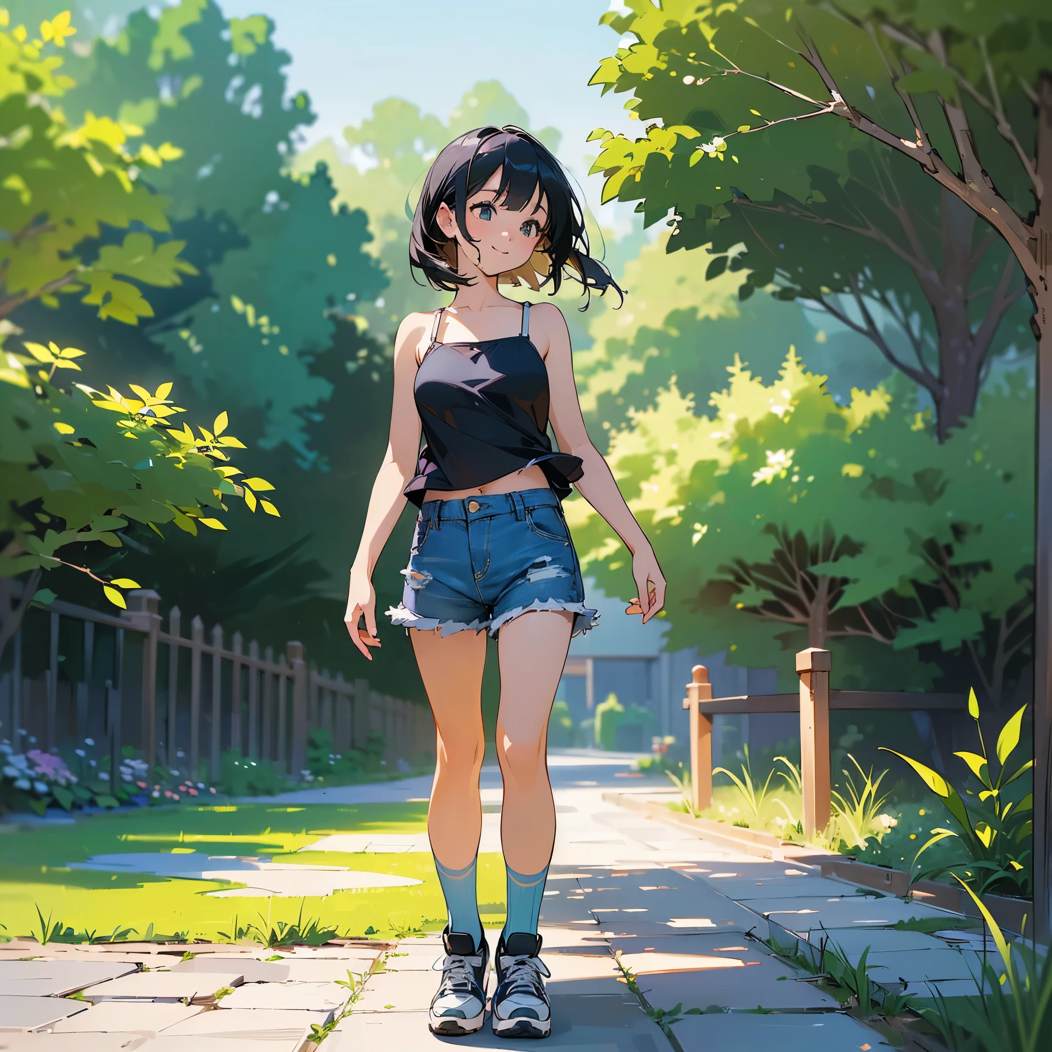 (high quality, High resolution, Very detailed, reality:1.37), Peaceful atmosphere, (Outdoor, garden), Teenage girl standing alone, (my breasts are big.), Beautiful details, Cute Smile, (Black bob hair), camisole, denim shorts, Blue socks, sneakers.
