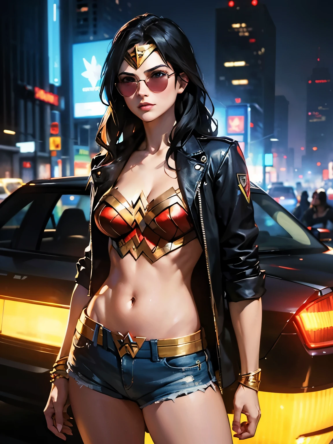 A masterpiece in perfectly detailed GTA-style art, this Wonder Woman, wearing stylish sunglasses and shorts, looks as realistic as a gangster in a cyberpunk utopia of skyscrapers. This high-resolution digital painting shows the woman against a mesmerizing neon backdrop. Her features have been meticulously rendered, from her flawless skin to her edgy urban outfits. The vibrancy of the cityscape is truly captivating.