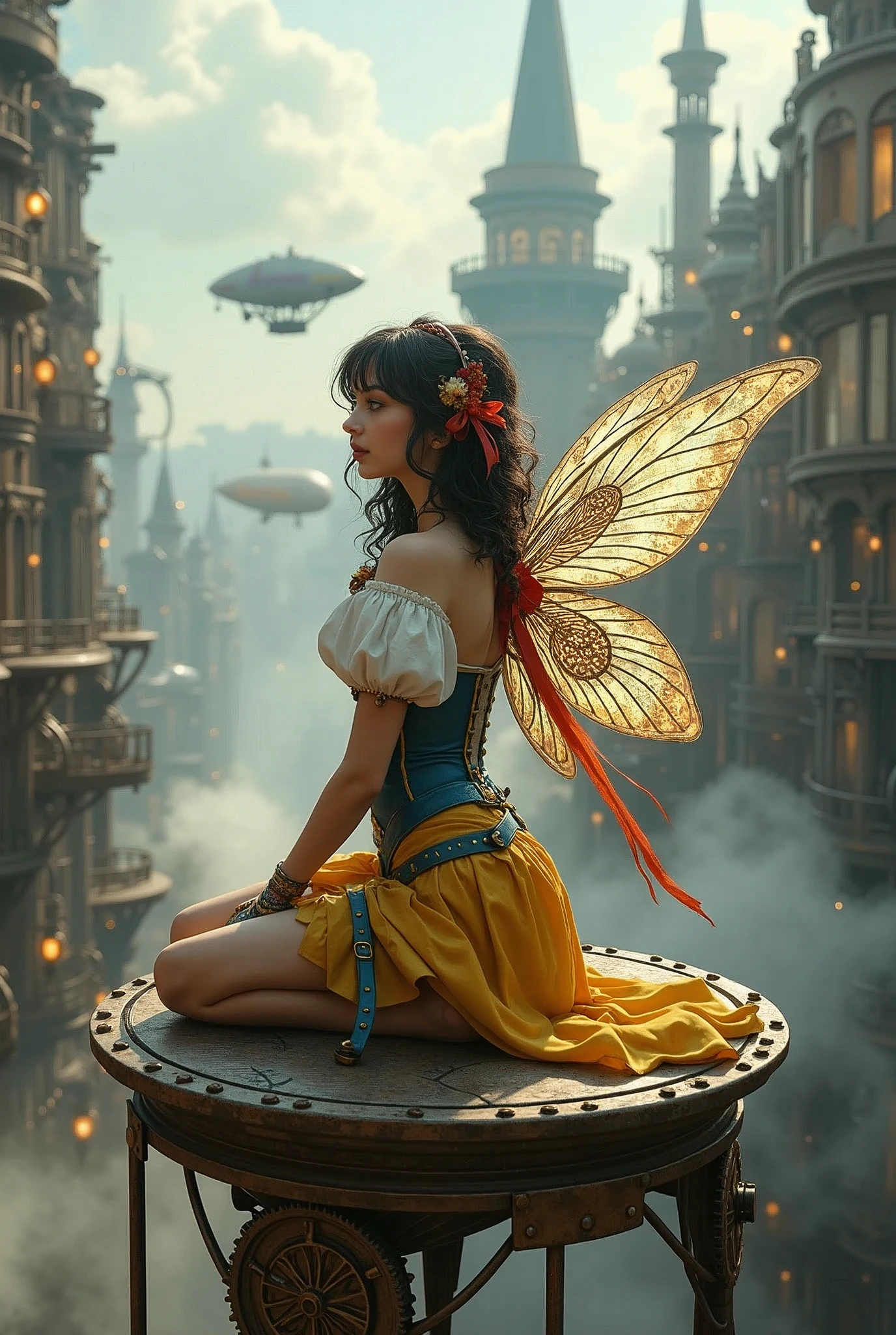 A steampunk fairy kneels gracefully on a metal platform amidst a bustling, mechanical cityscape. She has dark hair styled in soft curls, adorned with a bright red ribbon. Her outfit is a fusion of classic fairy tale and steampunk elements, featuring a blue corset, puffy sleeves, and a yellow skirt with intricate gears and leather straps. Her delicate wings are made of intricate metal and glass, reflecting the industrial surroundings. The city around her is a marvel of steampunk design, with towering spires, airships floating in the sky, and an array of gears and clockwork mechanisms that animate the environment. The atmosphere is filled with a mix of smoke and steam, creating a dynamic, lively backdrop. ((UHD:1.5)), ((4K:1.5)), ((masterpiece:1.6)), ((steampunk:1.4)), ((fairy tale:1.3)), ((high details:1.5)), by Jean-Baptiste Monge, Tom Bagshaw, Sergey Kolesov., photo