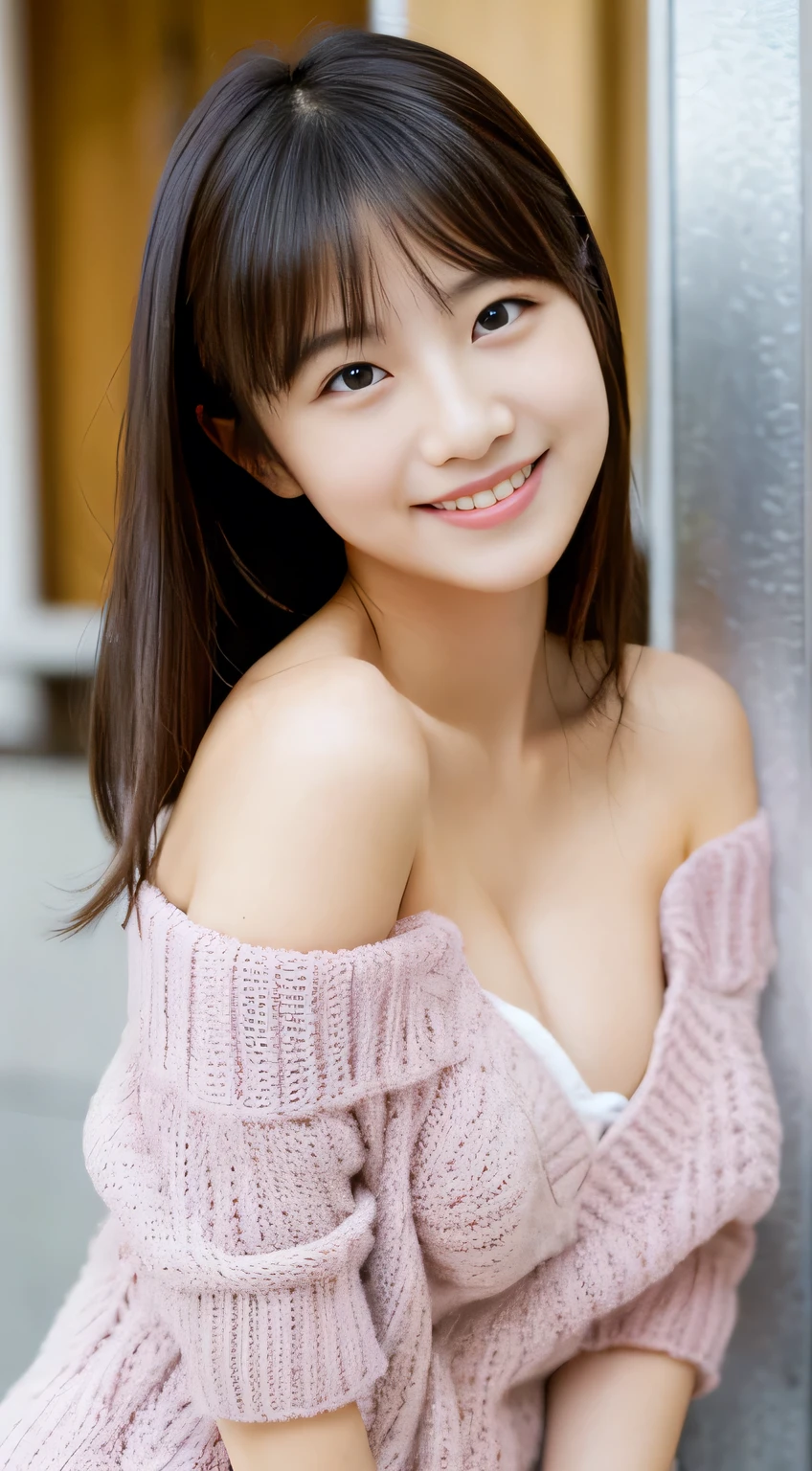 masterpiece,best quality,(Japanese girl),((Beautiful girl)),cleavage,(off shoulder:1.2),(perfect body beauty:1.2),(shy smile)