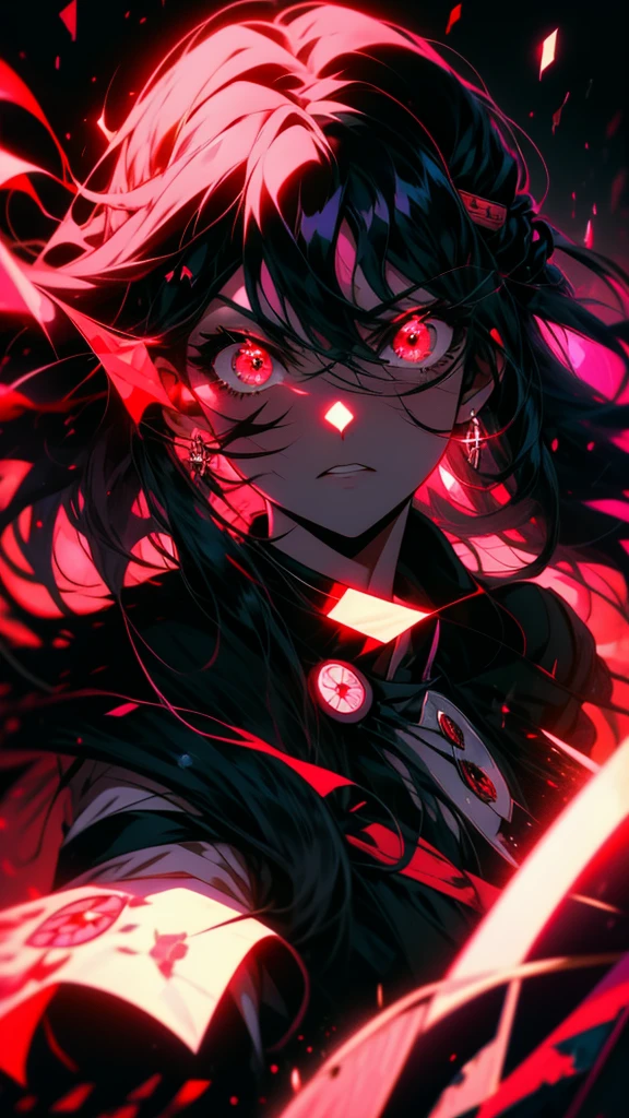 An anime girl with long black hair, red eyes, and pink eyes., gapmoe Yandere, Yandere, portrait gapmoe Yandere grimdark, Burning, gapmoe Yandere grimdark, Anime Moe Art Style, Cute anime visuals, Yandere. expensive, akane owari danganronpa, ufotable art style