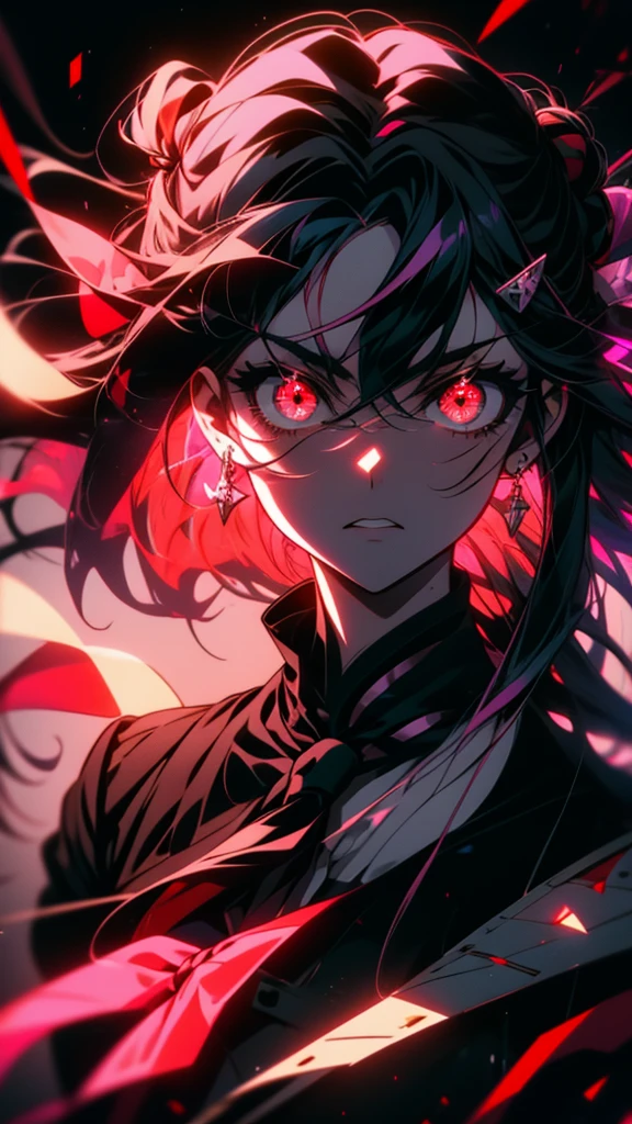 An anime girl with long black hair, red eyes, and pink eyes., gapmoe Yandere, Yandere, portrait gapmoe Yandere grimdark, Burning, gapmoe Yandere grimdark, Anime Moe Art Style, Cute anime visuals, Yandere. expensive, akane owari danganronpa, ufotable art style
