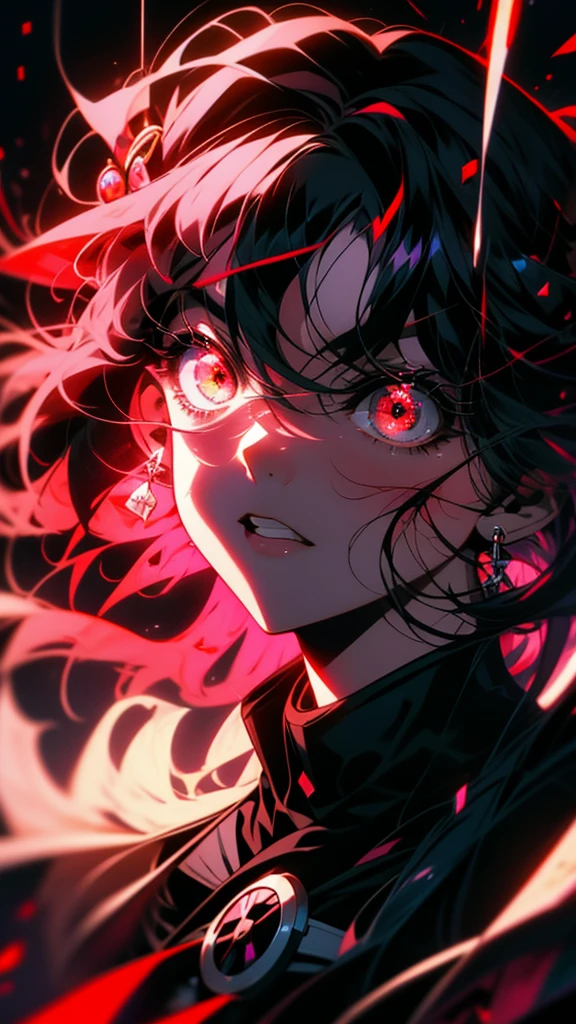An anime girl with long black hair, red eyes, and pink eyes., gapmoe Yandere, Yandere, portrait gapmoe Yandere grimdark, Burning, gapmoe Yandere grimdark, Anime Moe Art Style, Cute anime visuals, Yandere. expensive, akane owari danganronpa, ufotable art style