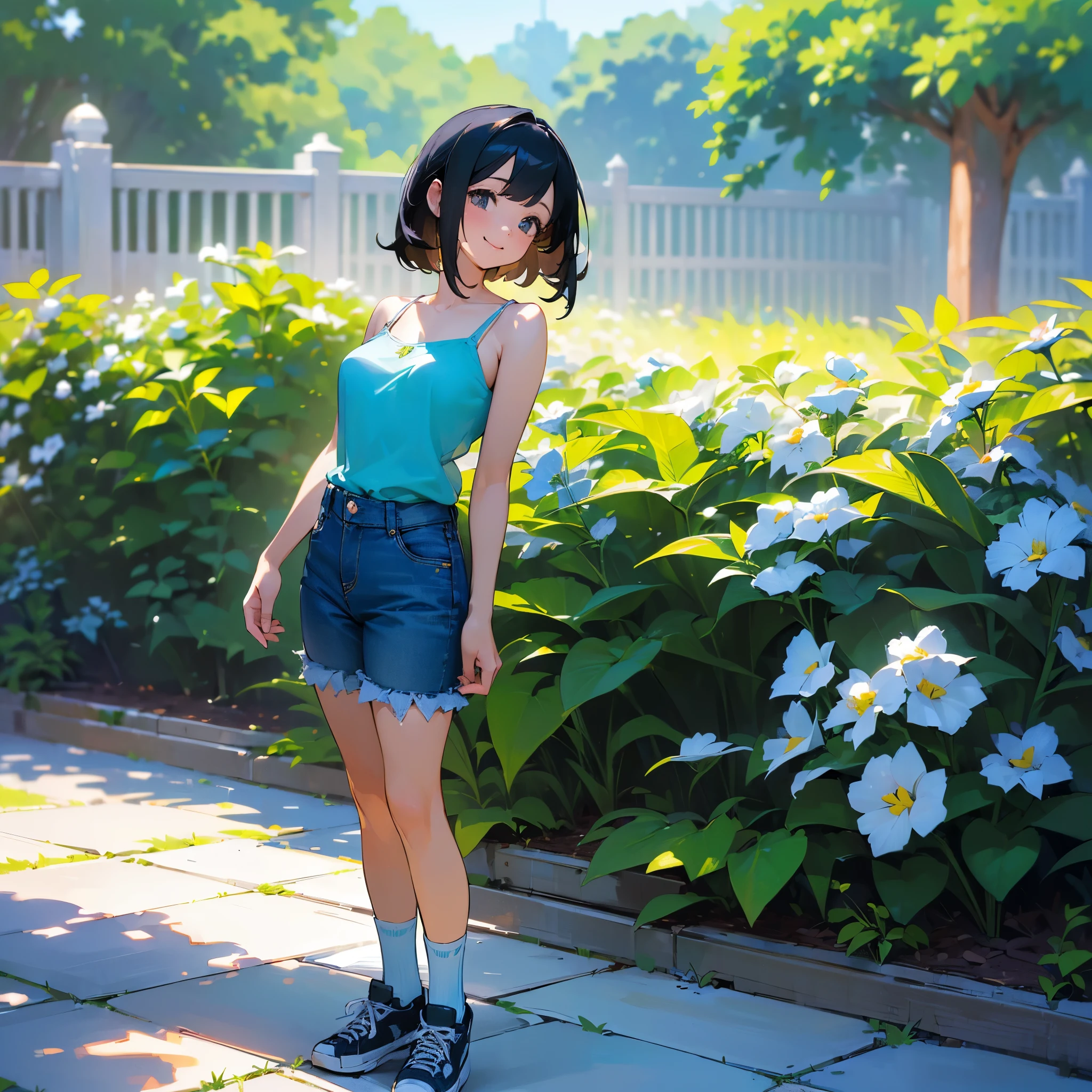 (high quality, High resolution, Very detailed, reality:1.37), Peaceful atmosphere, (Outdoor, garden), age girl standing alone, (my breasts are big.), Beautiful details, Cute Smile, (Black bob hair), camisole, denim shorts, Blue socks, sneakers.