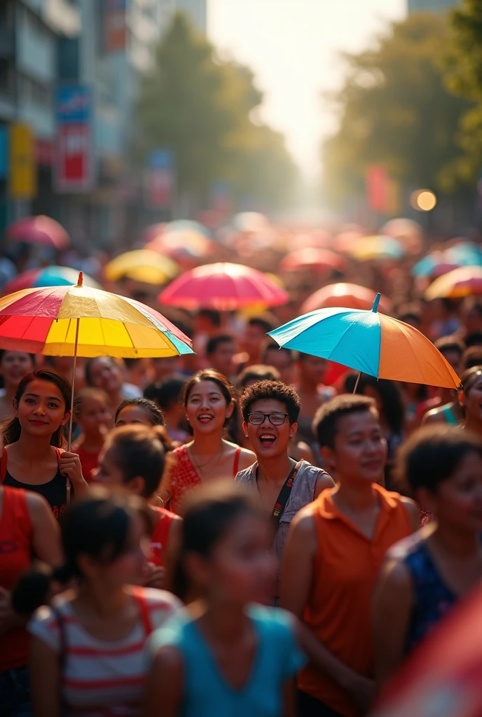 a tilt-shift photography of a cityscape on merdeka day, miniature effect,crowd of people celebrating national independence day, colorful umbrellas, vibrant colors, dramatic lighting, shallow depth of field, beautiful detailed people, detailed facial features, ultra-detailed, 8k, photorealistic, professional photography