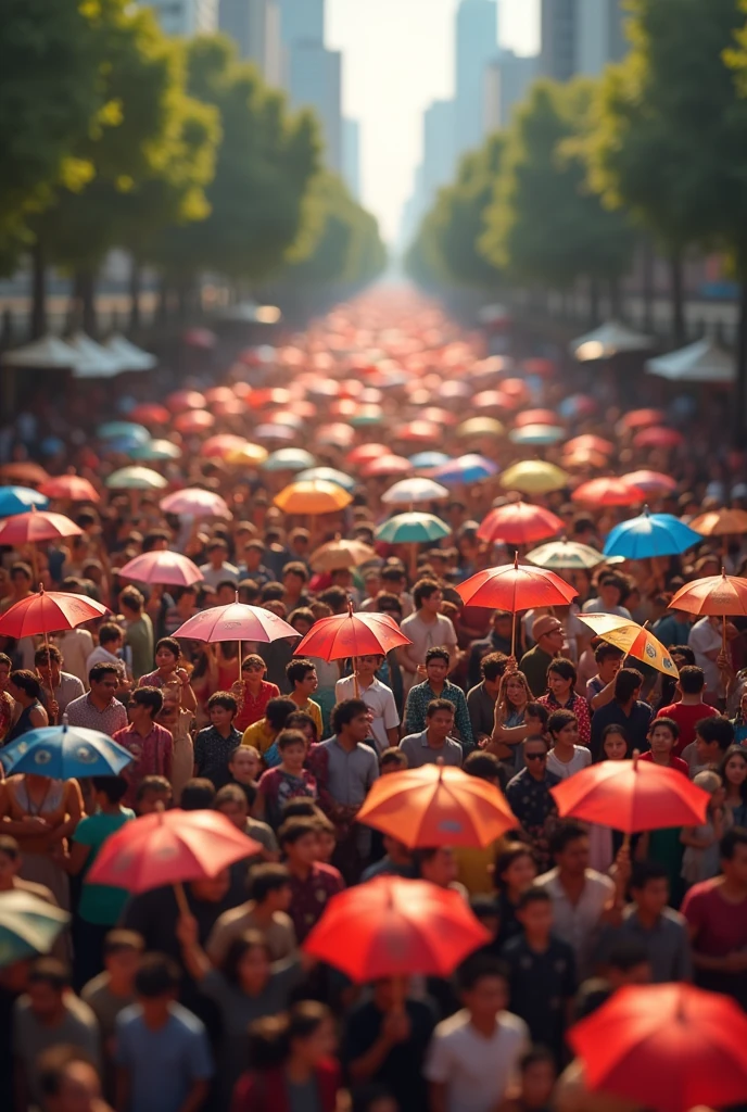 a tilt-shift photography of a cityscape on merdeka day, miniature effect,crowd of people celebrating national independence day, colorful umbrellas, vibrant colors, dramatic lighting, shallow depth of field, beautiful detailed people, detailed facial features, ultra-detailed, 8k, photorealistic, professional photography