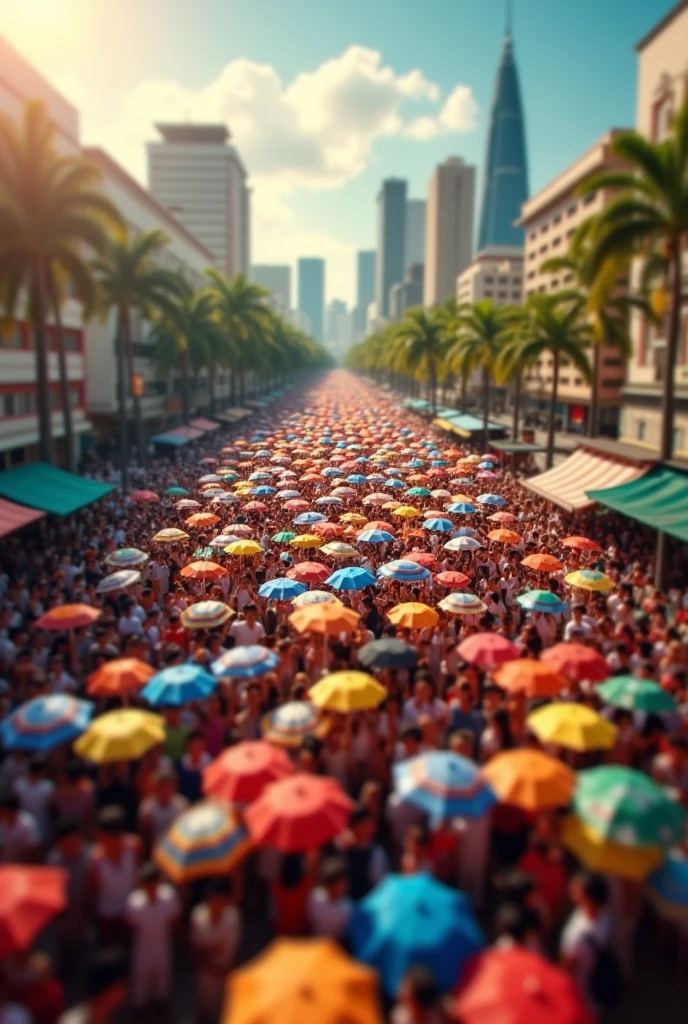a tilt-shift photography of a cityscape on merdeka day, miniature effect,crowd of people celebrating national independence day, colorful umbrellas, vibrant colors, dramatic lighting, shallow depth of field, beautiful detailed people, detailed facial features, ultra-detailed, 8k, photorealistic, professional photography