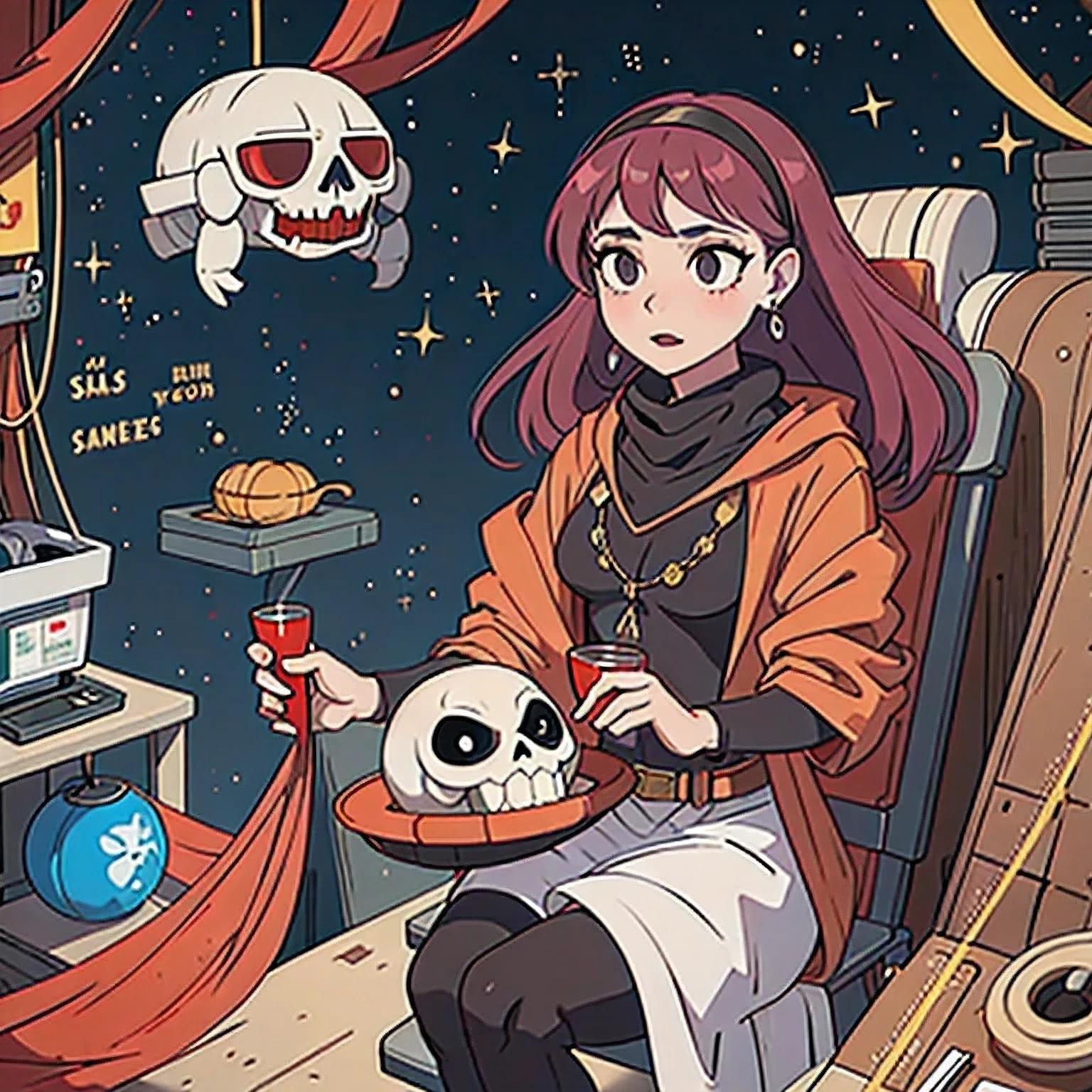 Nine-tailed wine red skull full skeleton constellation,Coarse linen headband silk shawl fairy girl tulle mecha black gold silk cyberpunk space station 1:9 miniatures,illustration