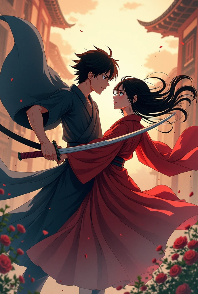 Anime couple with sword and clothes blowing in the wind., Yandere, through Kanamoto village, Yandere. Takao, Gapmoe Yandere, cerochan art, Shingei, cerochan, high quality fanwork inspired by Masanobu Okumura., animated style, Japanese animated style, they are brothers, animated styles such as Fate/Overnight stay, Shota, in