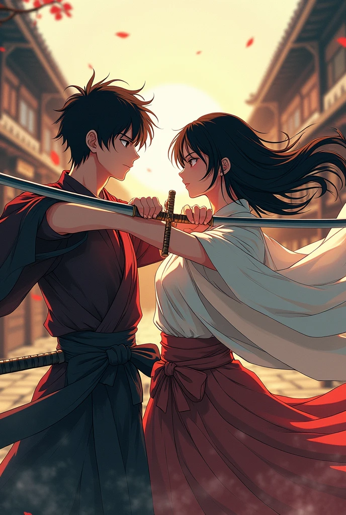 Anime couple with sword and clothes blowing in the wind., Yandere, through Kanamoto village, Yandere. Takao, Gapmoe Yandere, cerochan art, Shingei, cerochan, high quality fanwork inspired by Masanobu Okumura., animated style, Japanese animated style, they are brothers, animated styles such as Fate/Overnight stay, Shota, in