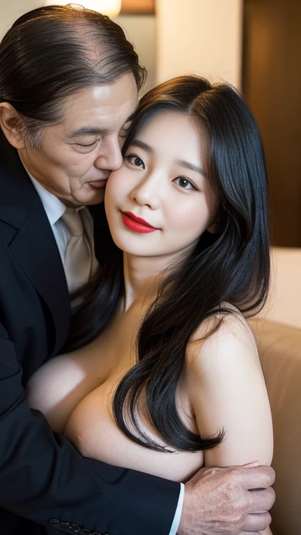 (70 years old korean ugly man and 20 years old korean girl hugging each other), big breasts, (1 korean girl、wavy and voluminous hair, strikingly beautiful, black hair, expressive eyes, red lips), (((girl all nude))), ((70 years old korean man business suit)), in the dark karaoke, girl sitting on the sofa and laughing, (((young girl hugging 70 years old korean man))), (((((old korean man hug on young girl's breasts))))), (((focus on old man))),