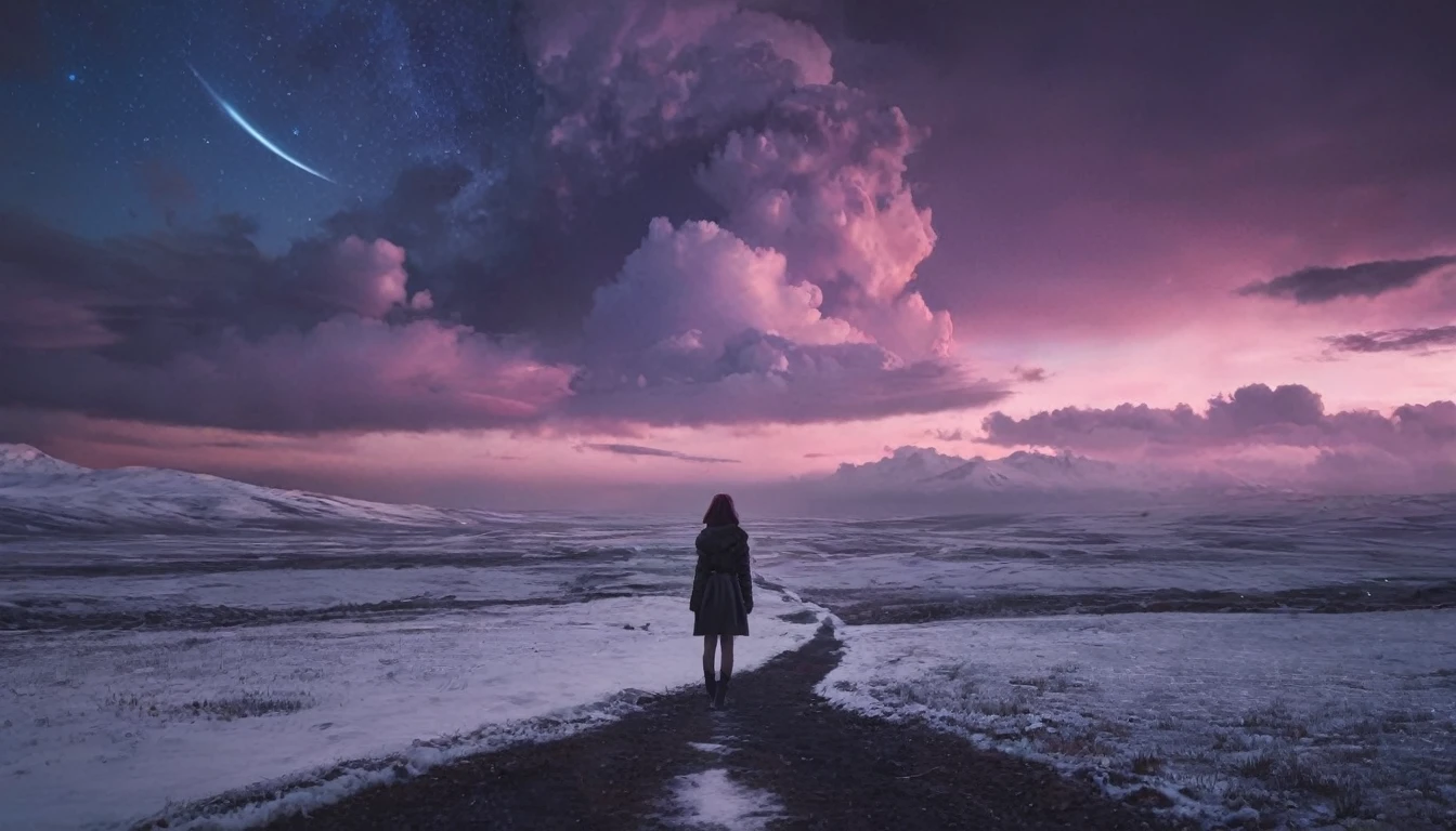 hopeless landscape, dark fantasy, beautiful landscape, masterpiece, tundra, dark sky, hopeless girl, cold atmosphere, vaporwave aesthetics